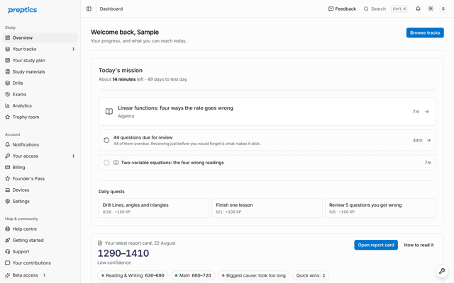 The student dashboard: the sidebar with Overview, Your study plan, Study materials, Drills, Exams, Analytics and the account pages, beside today's mission, the latest report card's projected range and the student's level and streak.
