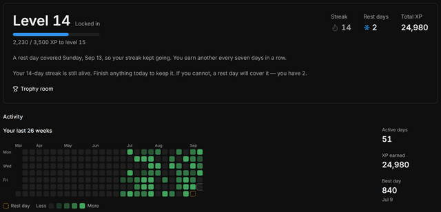 The progress panel on the dashboard: level 14 with the points needed for the next level, a 14-day streak, the rest days that cover a missed day, and total XP, above a grid of the last 26 weeks of study activity.