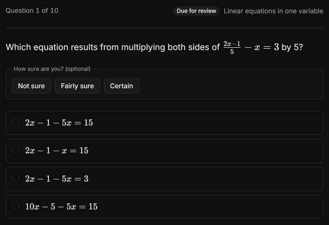 A drill question marked as due for review, with the skill it belongs to, an optional how-sure-are-you choice, and four answer options.
