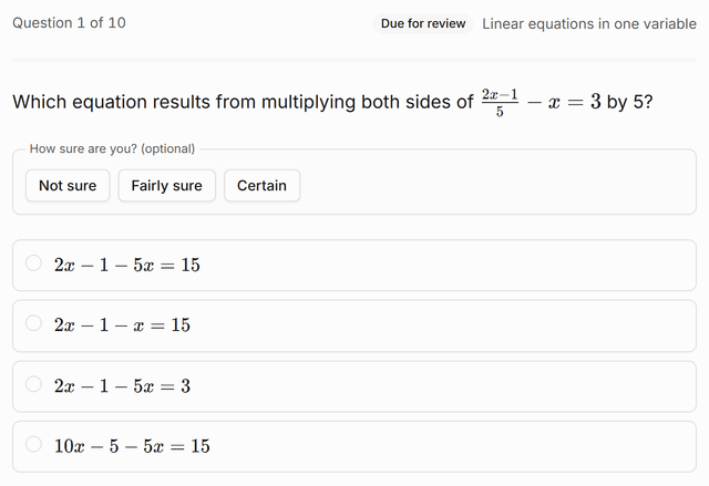 A drill question marked as due for review, with the skill it belongs to, an optional how-sure-are-you choice, and four answer options.