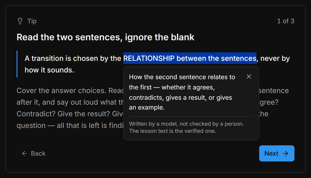 A phrase selected in a lesson, with a small panel beside it giving a one-sentence explanation of what the phrase means, and a note that the sentence was written by a model rather than checked by a person.