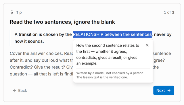 A phrase selected in a lesson, with a small panel beside it giving a one-sentence explanation of what the phrase means, and a note that the sentence was written by a model rather than checked by a person.