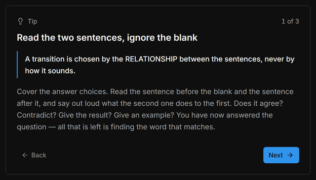 A micro-lesson open on its first card: a tip about reading the two sentences around a transition, the idea it turns on, and Back and Next at the foot of the card.