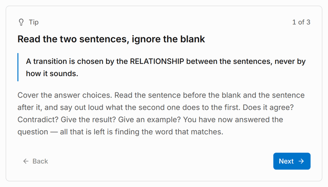 A micro-lesson open on its first card: a tip about reading the two sentences around a transition, the idea it turns on, and Back and Next at the foot of the card.