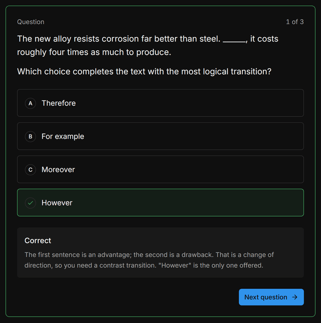 A recall question at the end of a micro-lesson, answered correctly, with the explanation of why the answer is right shown underneath.