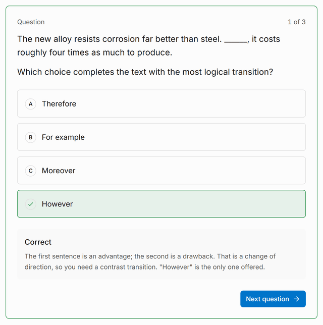 A recall question at the end of a micro-lesson, answered correctly, with the explanation of why the answer is right shown underneath.