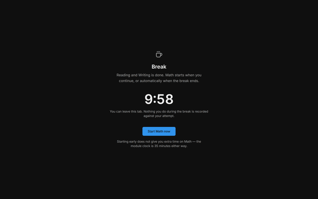 The break between the two sections: a ten-minute countdown held by the server and a button to start the Math section early.