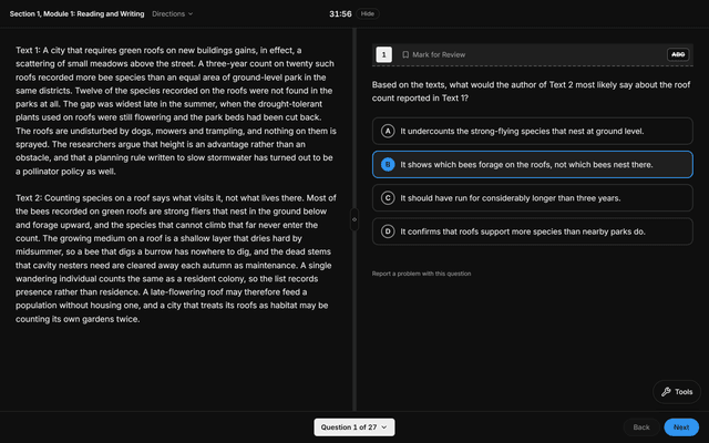 A Reading and Writing question in the exam runner: the passage on the left and the question with four answer choices on the right, the module name and the countdown at the top, Mark for Review above the question, and the question menu, Back and Next along the bottom.