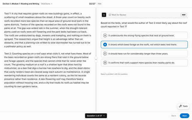 A Reading and Writing question in the exam runner: the passage on the left and the question with four answer choices on the right, the module name and the countdown at the top, Mark for Review above the question, and the question menu, Back and Next along the bottom.