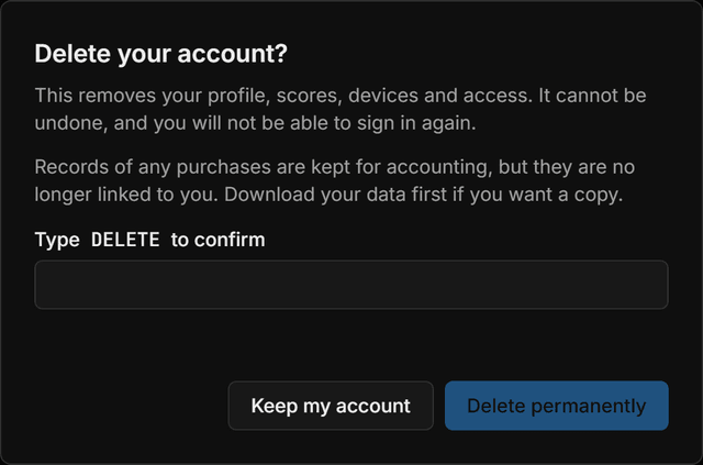 The delete account confirmation, stating that deletion is permanent and cannot be undone, with the button to confirm it.