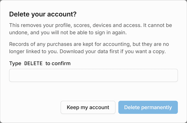 The delete account confirmation, stating that deletion is permanent and cannot be undone, with the button to confirm it.