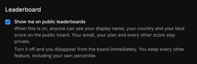 The Leaderboard section of Settings: a checkbox labelled Show me on public leaderboards, with what is and is not shown when it is on.