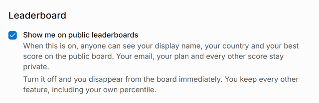 The Leaderboard section of Settings: a checkbox labelled Show me on public leaderboards, with what is and is not shown when it is on.