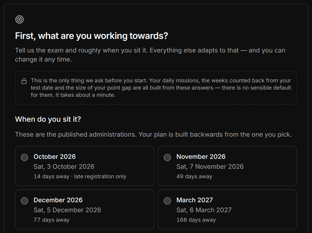 The first step of setup, “What are you working towards?”: the published Digital SAT test dates as choices, each with how many days away it is.