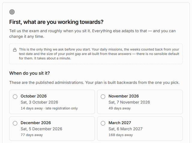 The first step of setup, “What are you working towards?”: the published Digital SAT test dates as choices, each with how many days away it is.