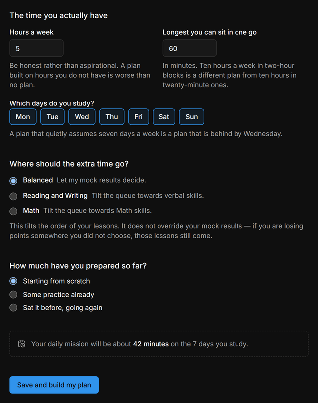 The time section of setup: fields for hours a week and the longest single sitting, the days of the week to study on, where extra time should go, and an estimate of how long the daily mission will be.