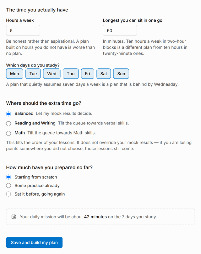 The time section of setup: fields for hours a week and the longest single sitting, the days of the week to study on, where extra time should go, and an estimate of how long the daily mission will be.
